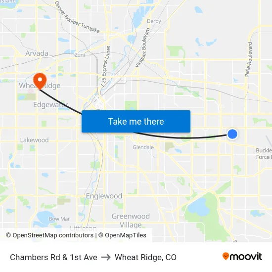 Chambers Rd & 1st Ave to Wheat Ridge, CO map