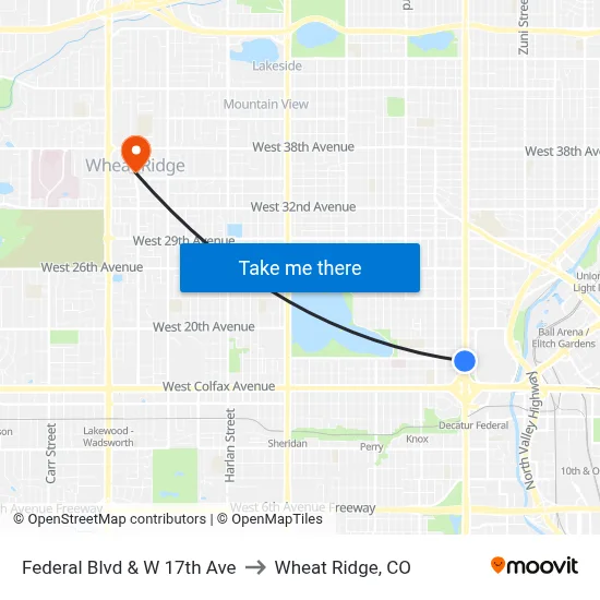 Federal Blvd & W 17th Ave to Wheat Ridge, CO map