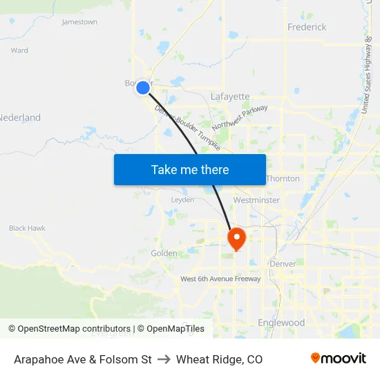 Arapahoe Ave & Folsom St to Wheat Ridge, CO map