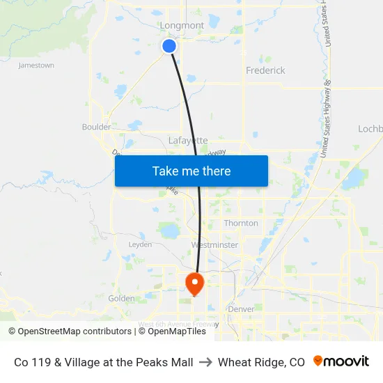 Co 119 & Village at the Peaks Mall to Wheat Ridge, CO map