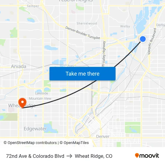 72nd Ave & Colorado Blvd to Wheat Ridge, CO map