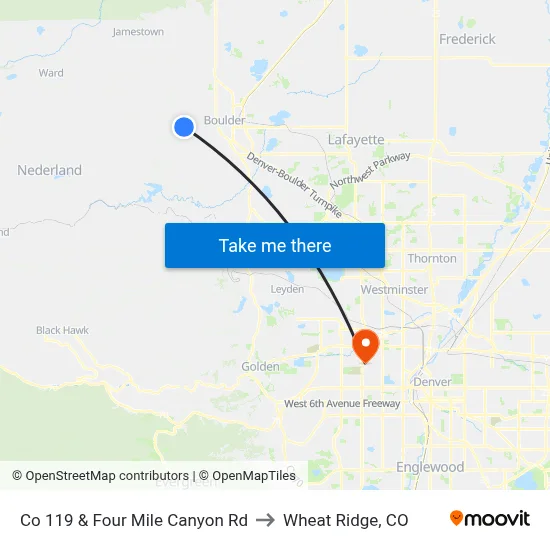 Co 119 & Four Mile Canyon Rd to Wheat Ridge, CO map