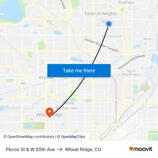 Pecos St & W 85th Ave to Wheat Ridge, CO map
