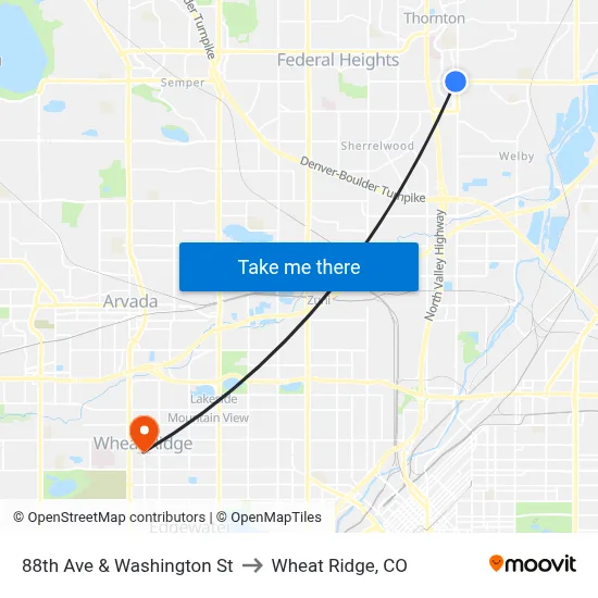 88th Ave & Washington St to Wheat Ridge, CO map