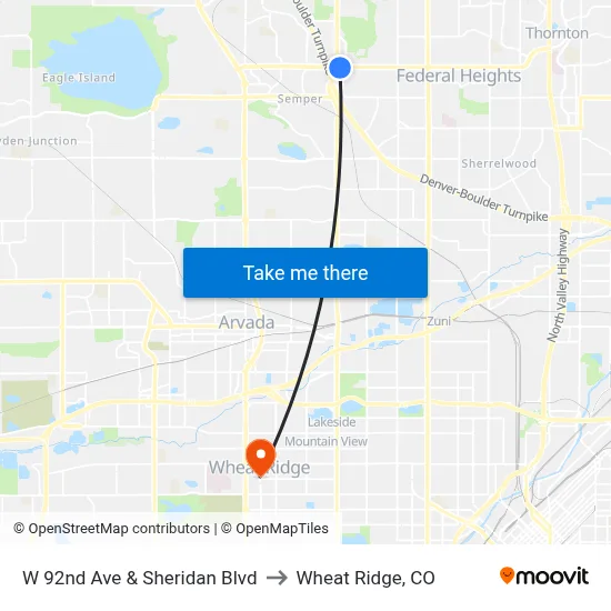 W 92nd Ave & Sheridan Blvd to Wheat Ridge, CO map