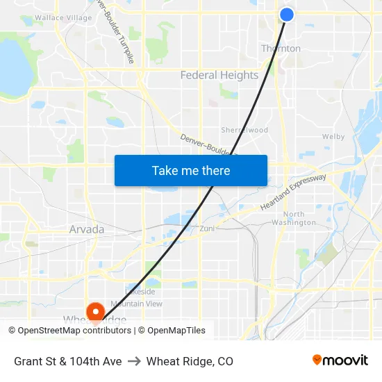 Grant St & 104th Ave to Wheat Ridge, CO map