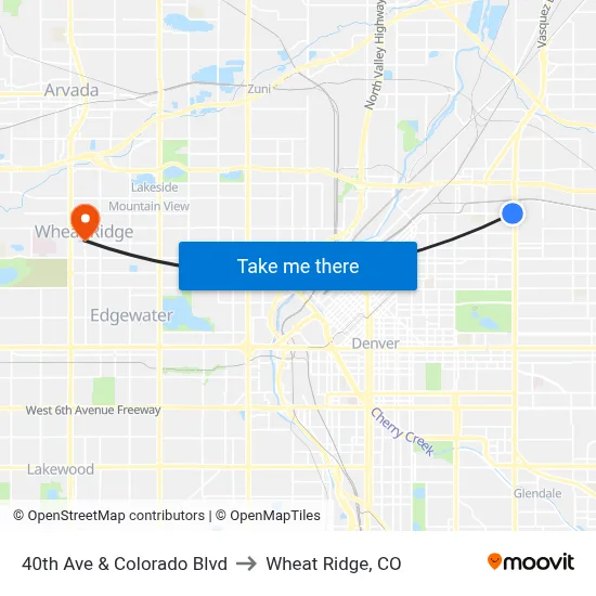 40th Ave & Colorado Blvd to Wheat Ridge, CO map