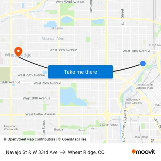 Navajo St & W 33rd Ave to Wheat Ridge, CO map