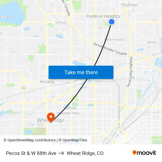 Pecos St & W 88th Ave to Wheat Ridge, CO map