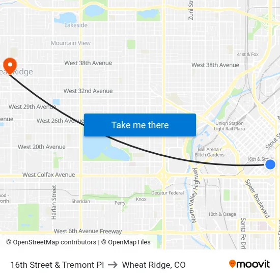 16th Street & Tremont Pl to Wheat Ridge, CO map