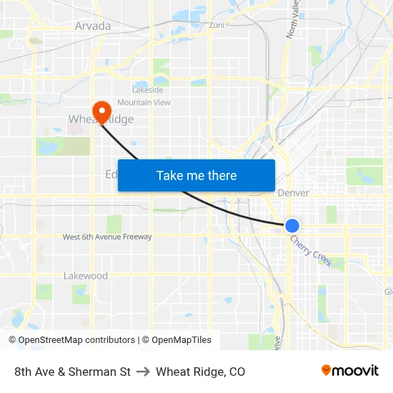 8th Ave & Sherman St to Wheat Ridge, CO map