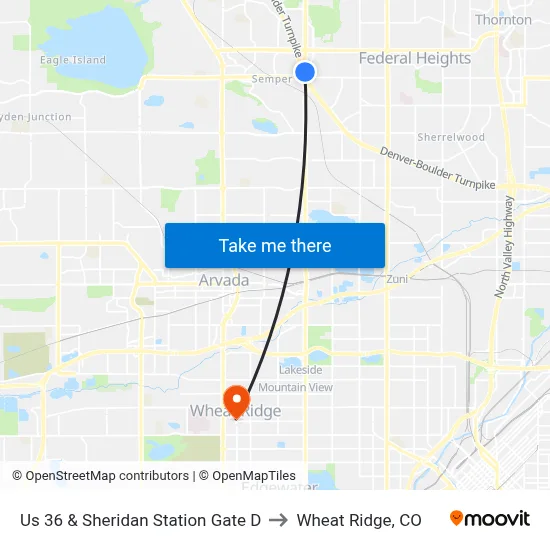 Us 36 & Sheridan Station Gate D to Wheat Ridge, CO map