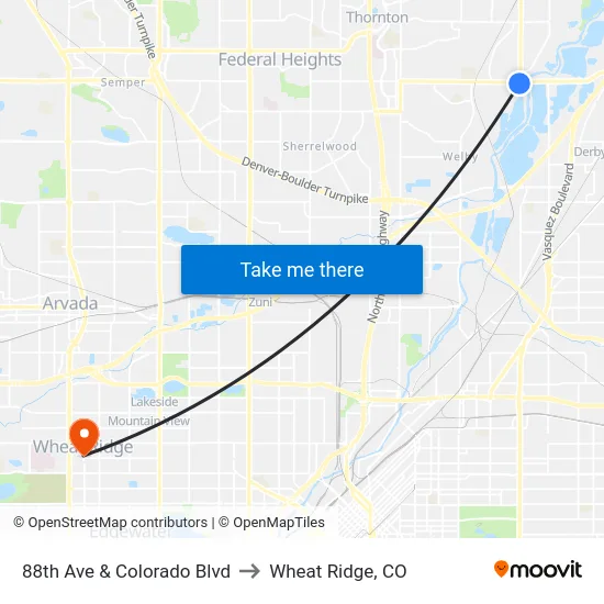 88th Ave & Colorado Blvd to Wheat Ridge, CO map