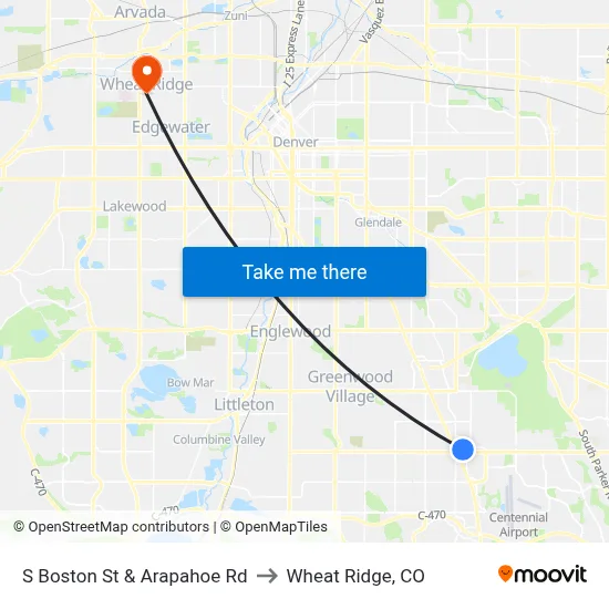 S Boston St & Arapahoe Rd to Wheat Ridge, CO map
