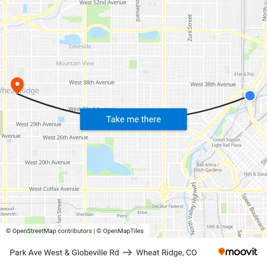 Park Ave West & Globeville Rd to Wheat Ridge, CO map