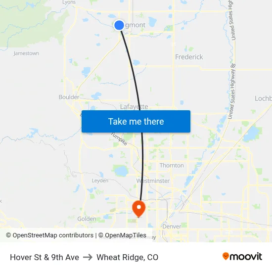 Hover St & 9th Ave to Wheat Ridge, CO map