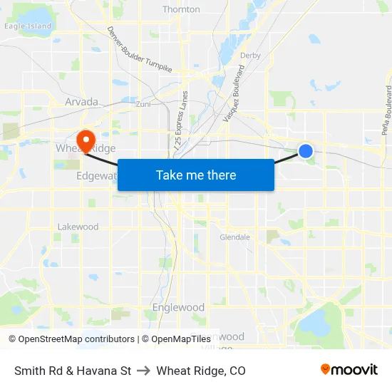 Smith Rd & Havana St to Wheat Ridge, CO map