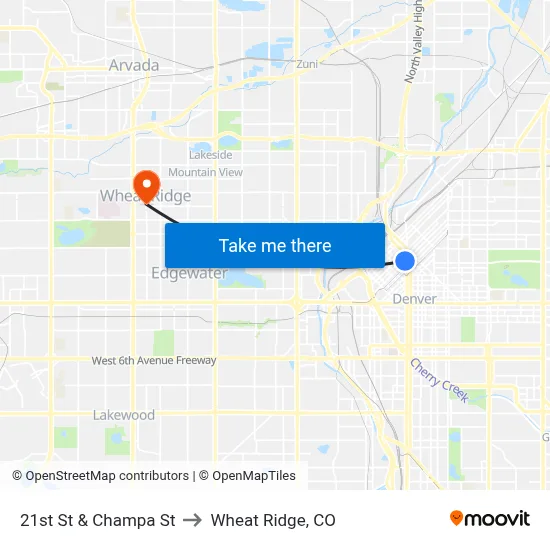 21st St & Champa St to Wheat Ridge, CO map