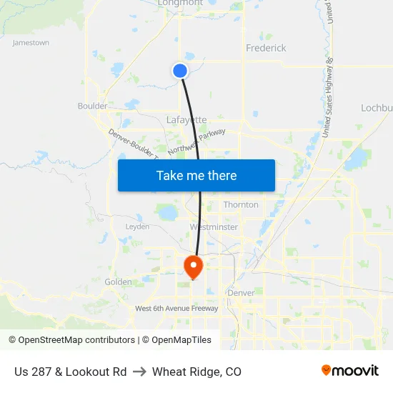 Us 287 & Lookout Rd to Wheat Ridge, CO map