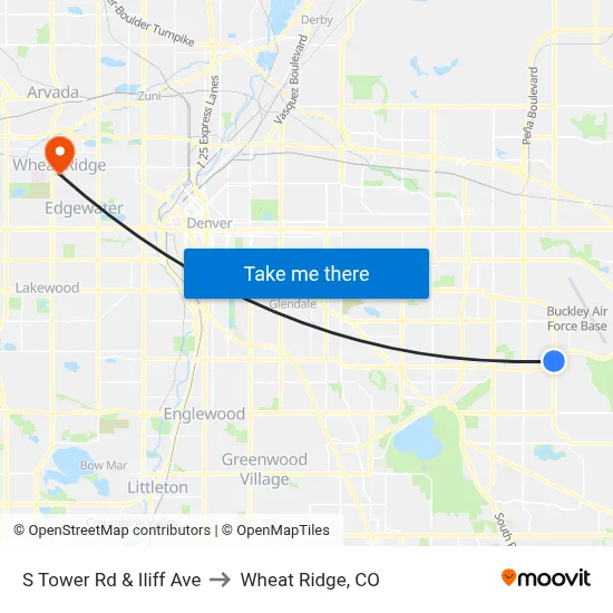 S Tower Rd & Iliff Ave to Wheat Ridge, CO map