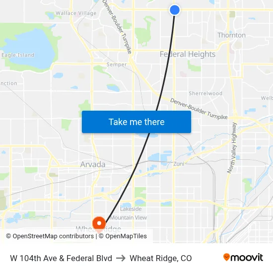 W 104th Ave & Federal Blvd to Wheat Ridge, CO map