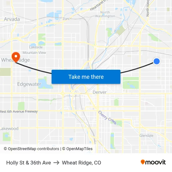 Holly St & 36th Ave to Wheat Ridge, CO map