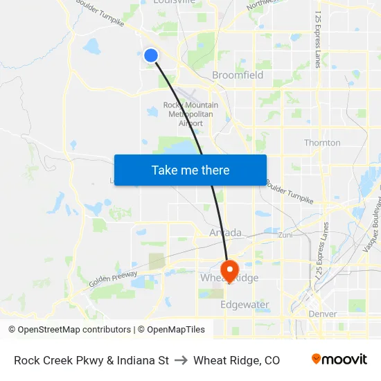 Rock Creek Pkwy & Indiana St to Wheat Ridge, CO map