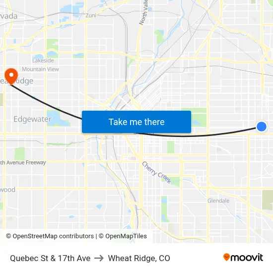 Quebec St & 17th Ave to Wheat Ridge, CO map