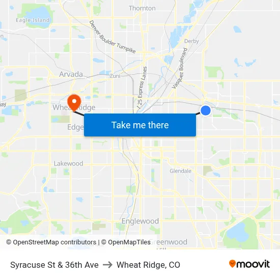 Syracuse St & 36th Ave to Wheat Ridge, CO map