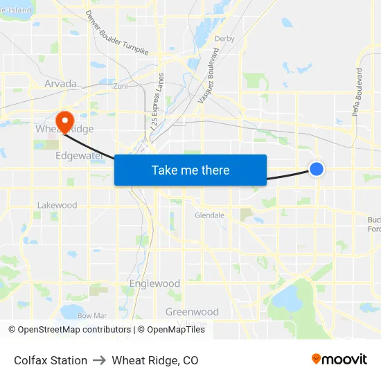 Colfax Station to Wheat Ridge, CO map