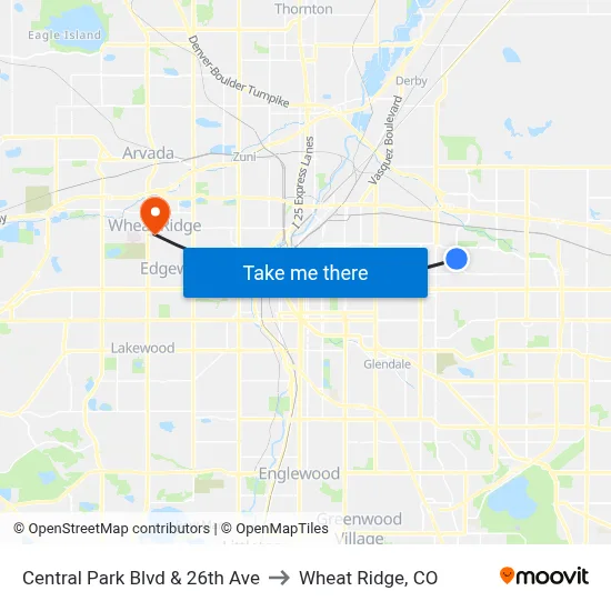 Central Park Blvd & 26th Ave to Wheat Ridge, CO map