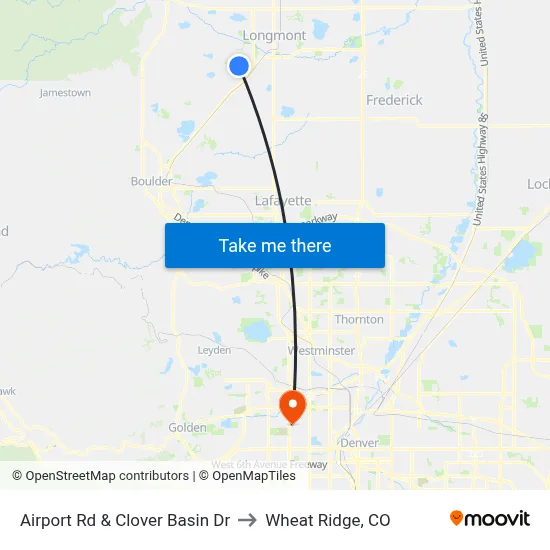 Airport Rd & Clover Basin Dr to Wheat Ridge, CO map
