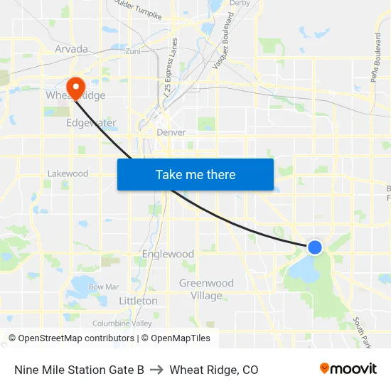 Nine Mile Station Gate B to Wheat Ridge, CO map
