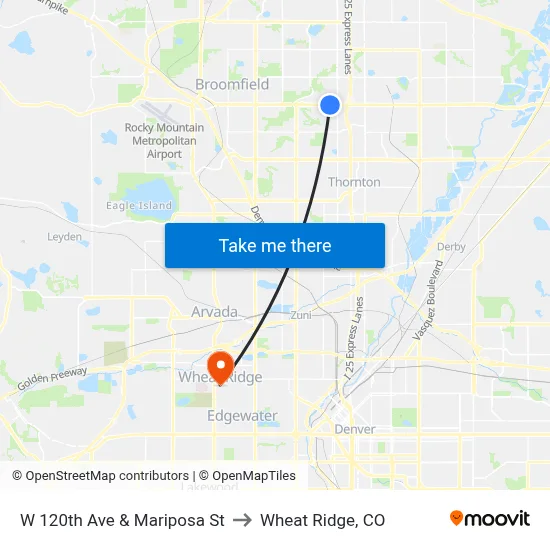W 120th Ave & Mariposa St to Wheat Ridge, CO map