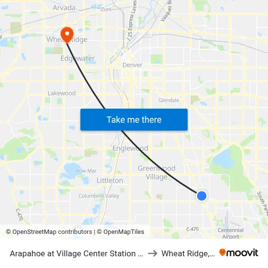 Arapahoe at Village Center Station Gate B to Wheat Ridge, CO map