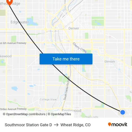 Southmoor Station Gate D to Wheat Ridge, CO map