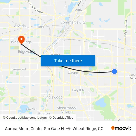 Aurora Metro Center Stn Gate H to Wheat Ridge, CO map