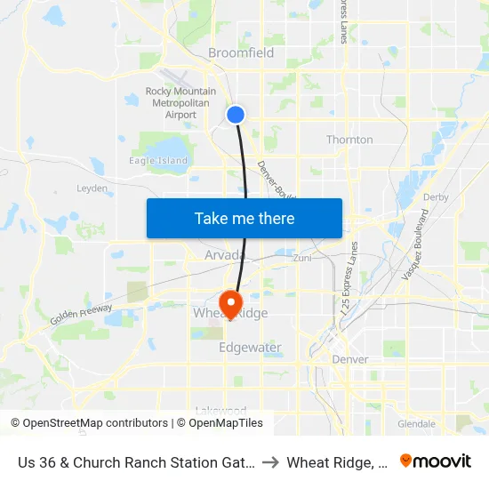 Us 36 & Church Ranch Station Gate A to Wheat Ridge, CO map