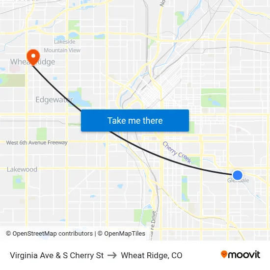Virginia Ave & S Cherry St to Wheat Ridge, CO map