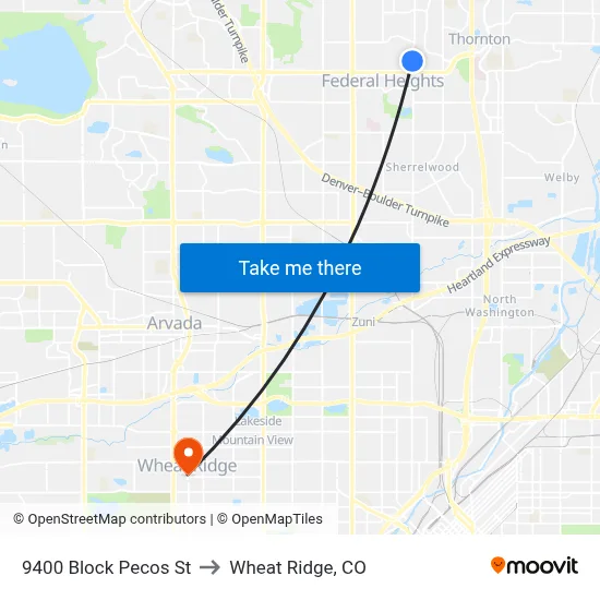 9400 Block Pecos St to Wheat Ridge, CO map