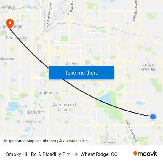 Smoky Hill Rd & Picadilly Pnr to Wheat Ridge, CO map