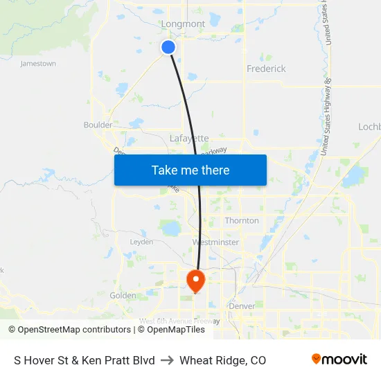 S Hover St & Ken Pratt Blvd to Wheat Ridge, CO map