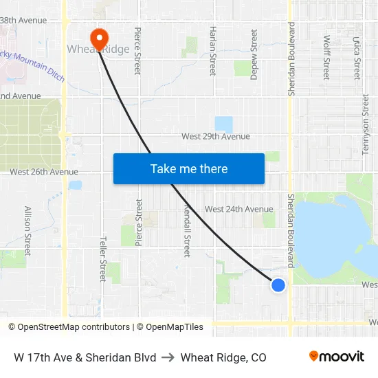 W 17th Ave & Sheridan Blvd to Wheat Ridge, CO map