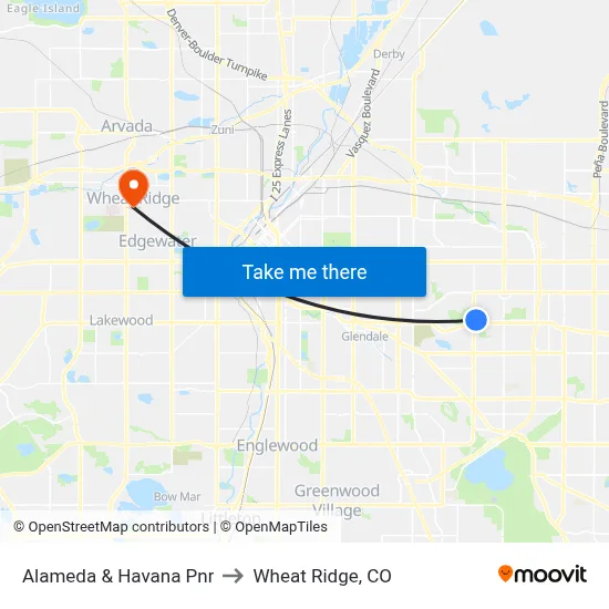 Alameda & Havana Pnr to Wheat Ridge, CO map