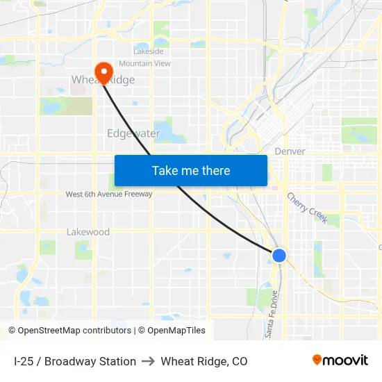 I-25 / Broadway Station to Wheat Ridge, CO map