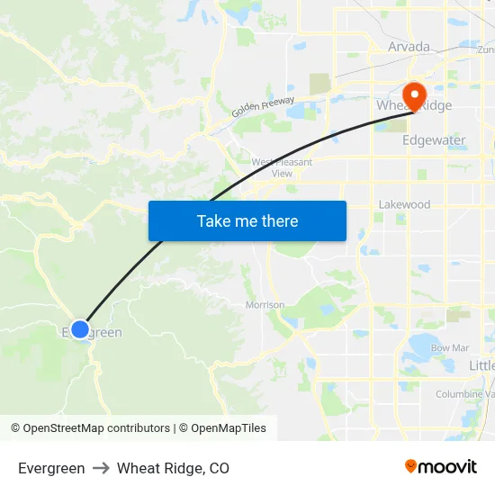 Evergreen to Wheat Ridge, CO map