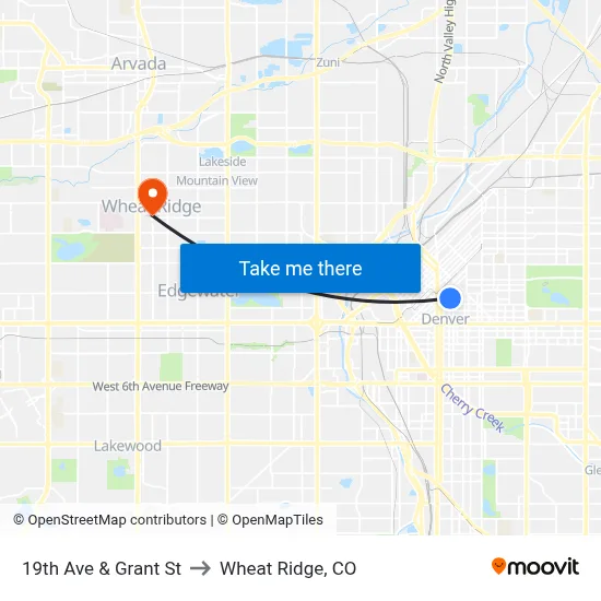 19th Ave & Grant St to Wheat Ridge, CO map