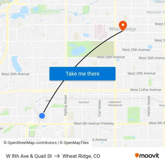 W 8th Ave & Quail St to Wheat Ridge, CO map