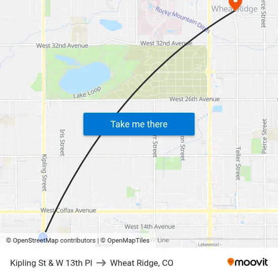 Kipling St & W 13th Pl to Wheat Ridge, CO map