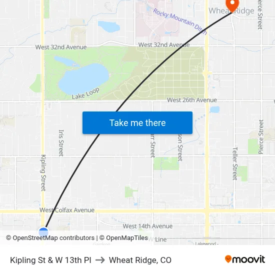 Kipling St & W 13th Pl to Wheat Ridge, CO map